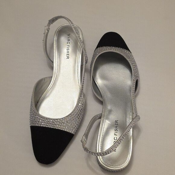 BRAND NEW MARC FISHER RHINESTONE  EMBELLISHMENT BLACK & SILVER SLINGBACK FLATS - Picture 8 of 16